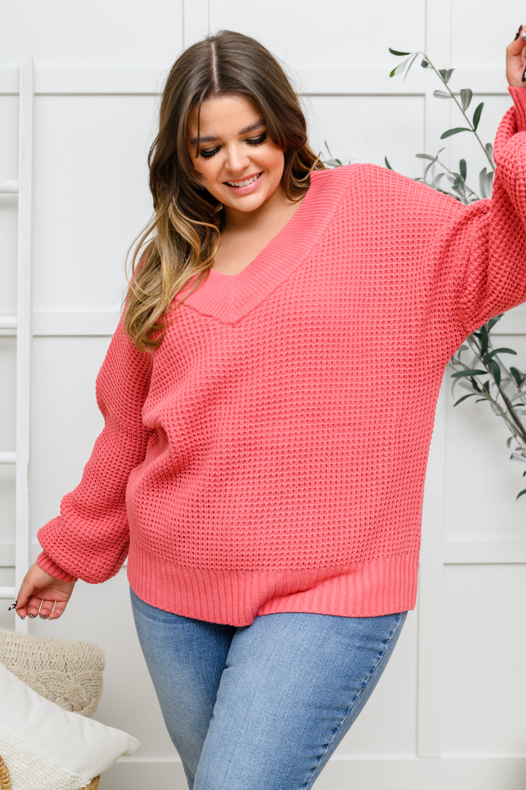 Up the Ante Wide V-Neck Waffle Knit Sweater In Rose Rose 1XL 