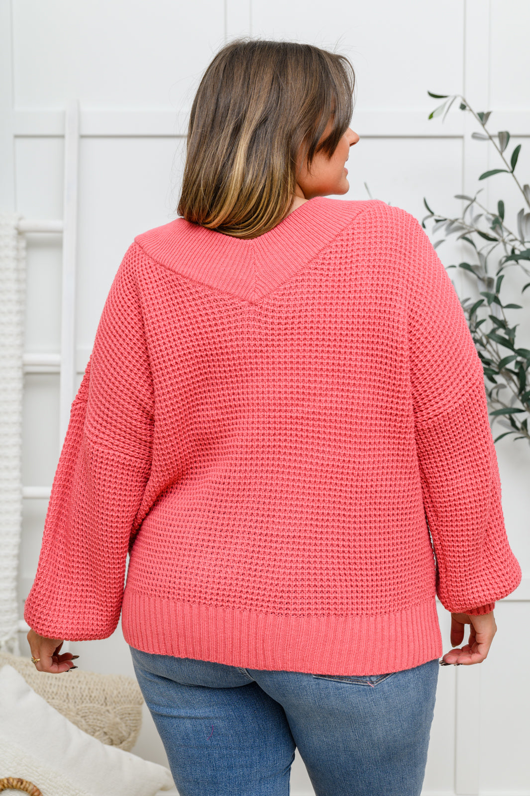 Up the Ante Wide V-Neck Waffle Knit Sweater In Rose   