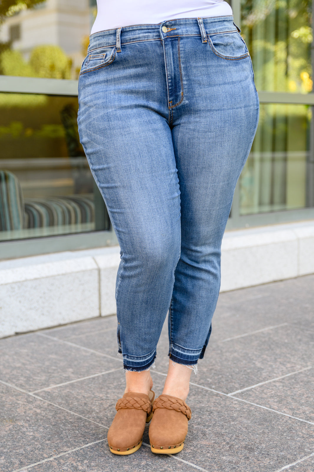 Judy Blue Mid Rise Skinny Fit Raw Hem Jeans Regular to Plus Size