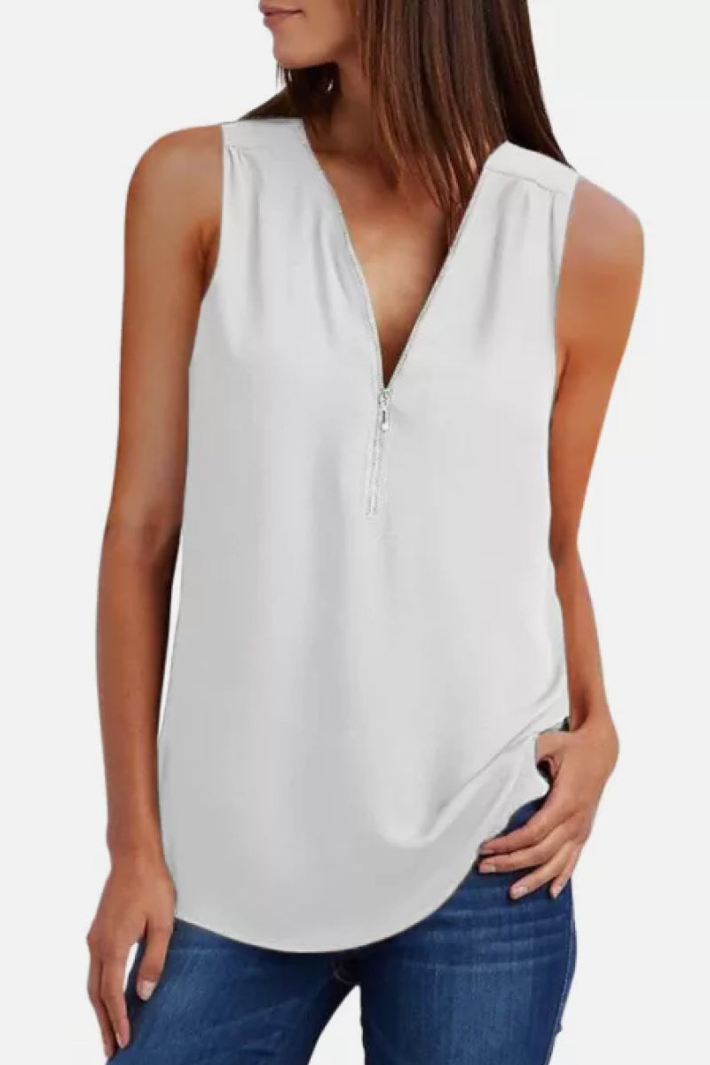 Zip Neckline Sleeveless Blouse White S 