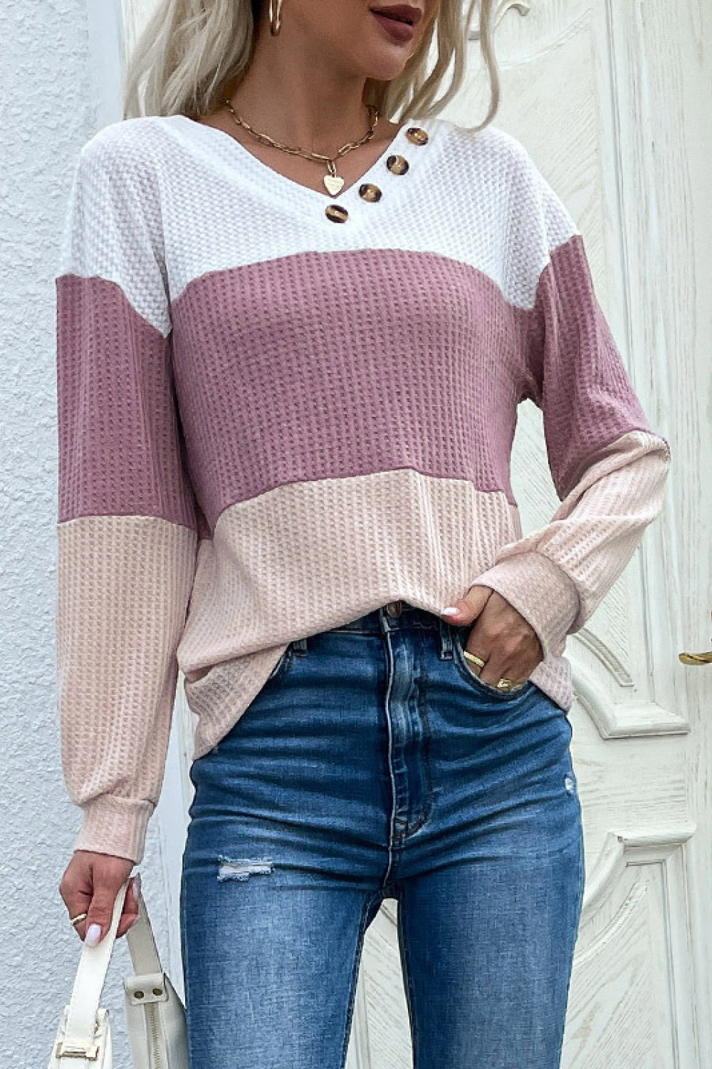 Waffle Lot of Love Color Block Top Pink S 