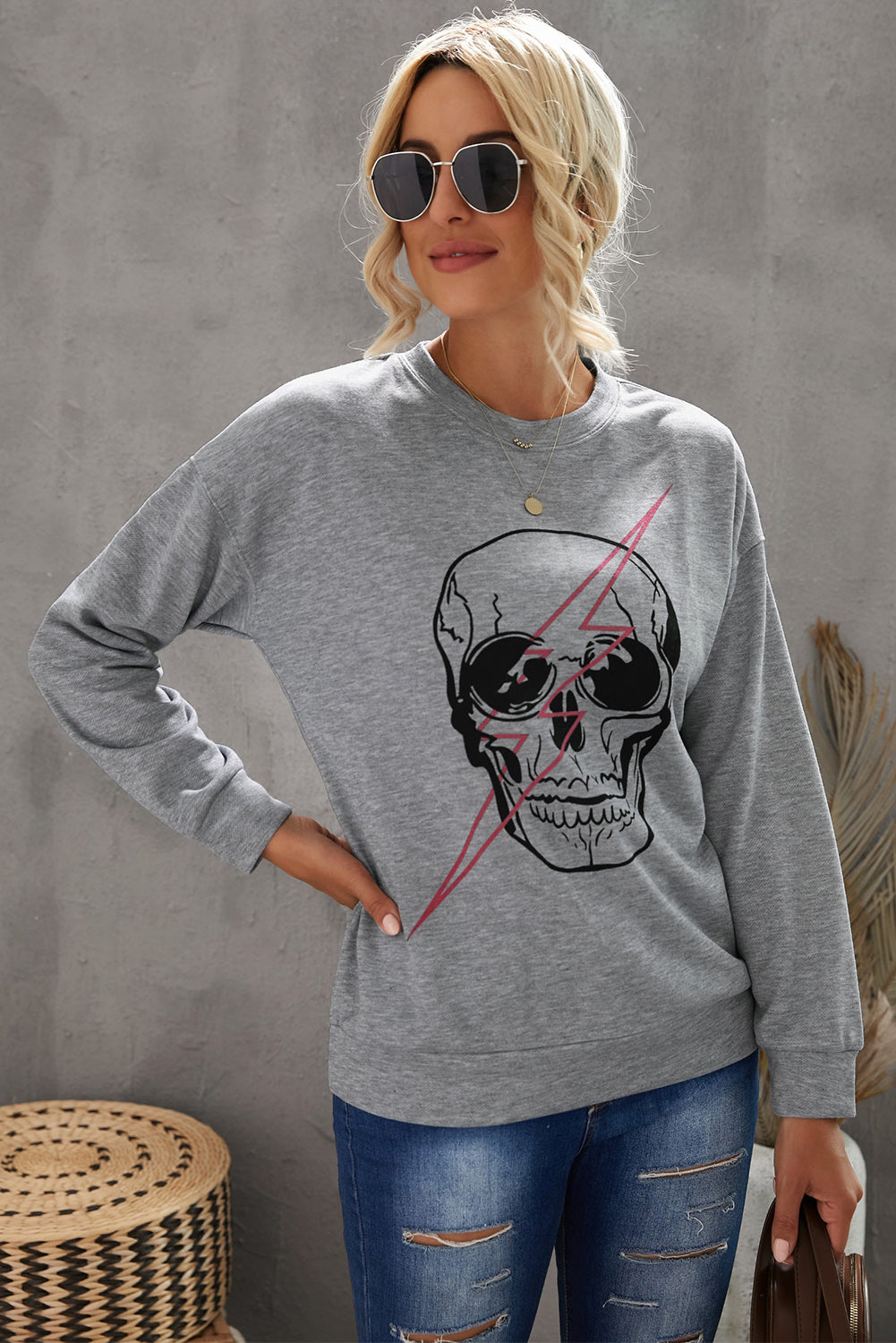 Skull and Lightning Graphic Sweatshirt Gray S 