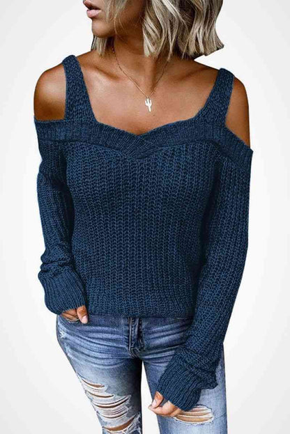 Cold Shoulder Knit Sweater Blue S 