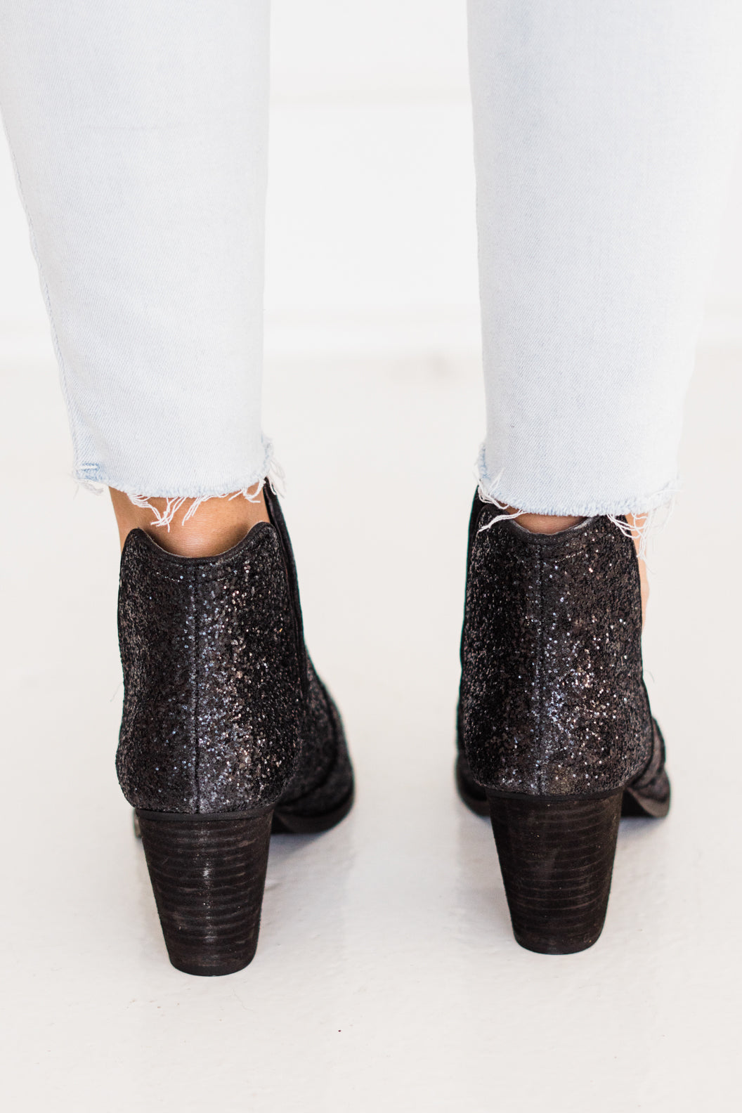 Anastasia Glitter Ankle Booties in Black   
