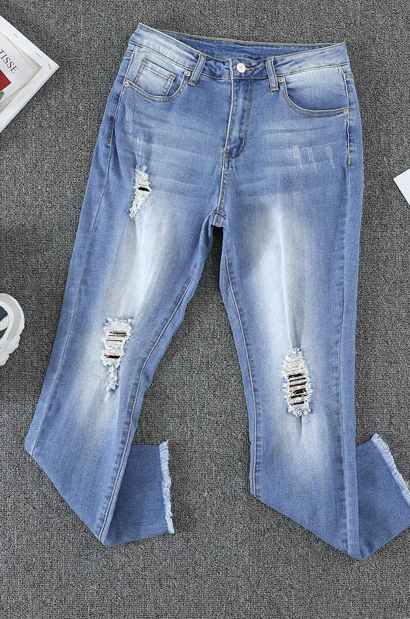 Plaid Patchwork Frayed Hem Ripped Jeans Blue S 