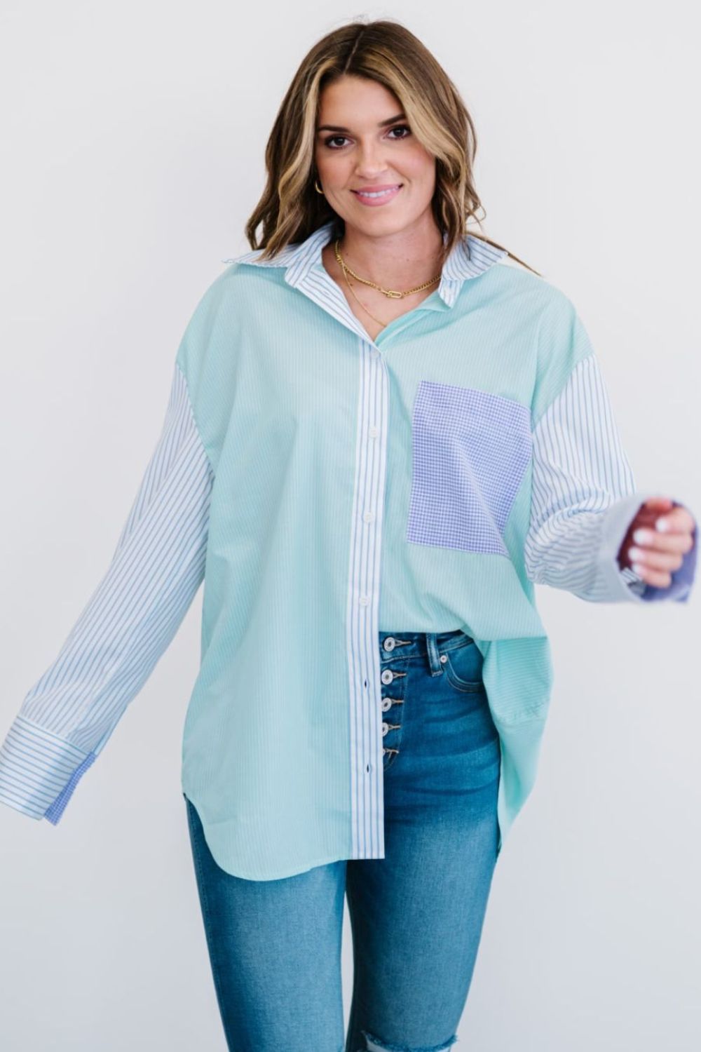 Embrace The Changes Mixed Print Button Down Shirt Mint S 