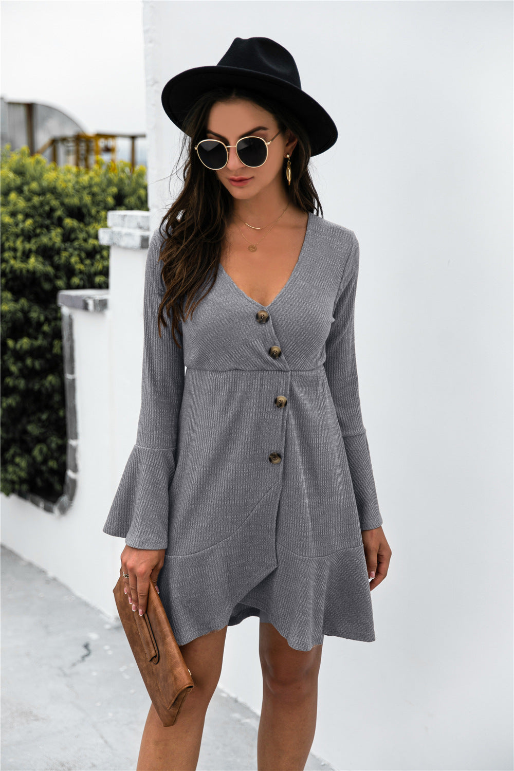 The Right Impression Asymmetrical Ruffle Hem Button Dress Gray S 