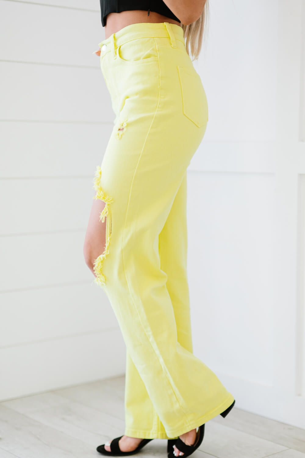 Neon Yellow Destroyed Wide Leg Jeans | Social + Co Boutique