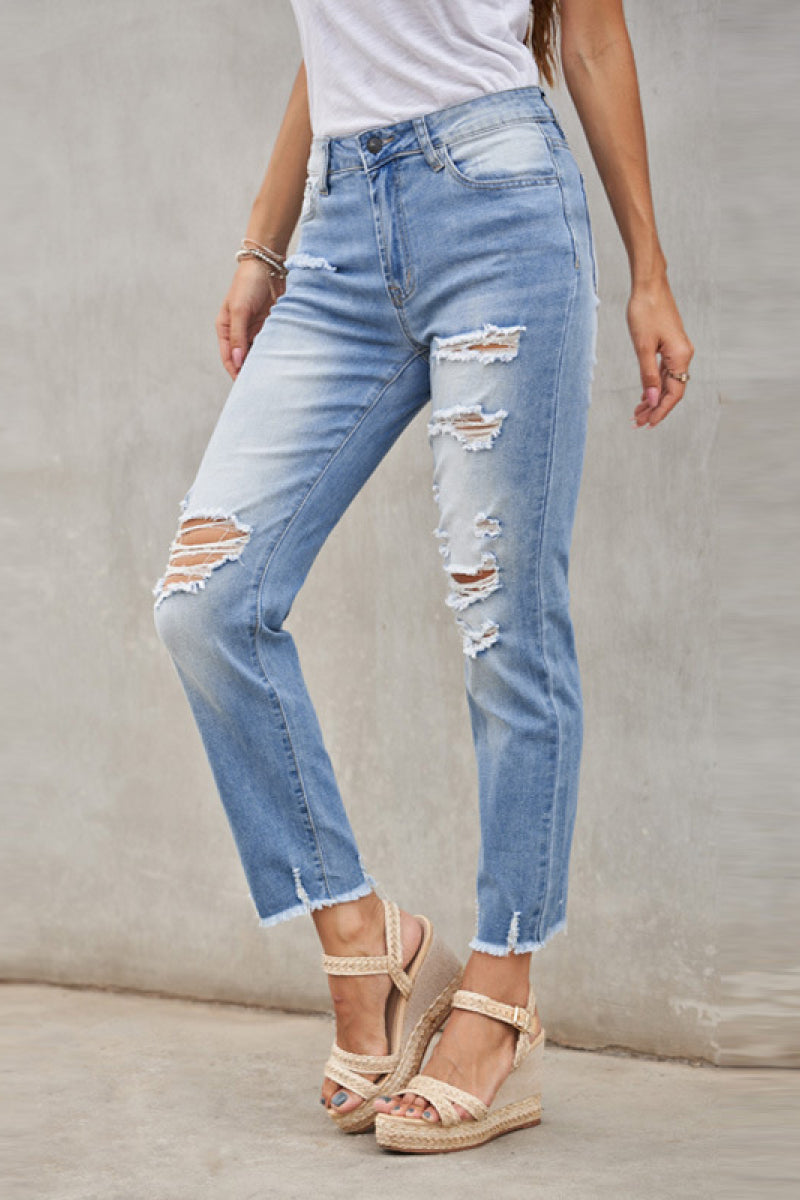High Rise Distressed Ankle Jeans   