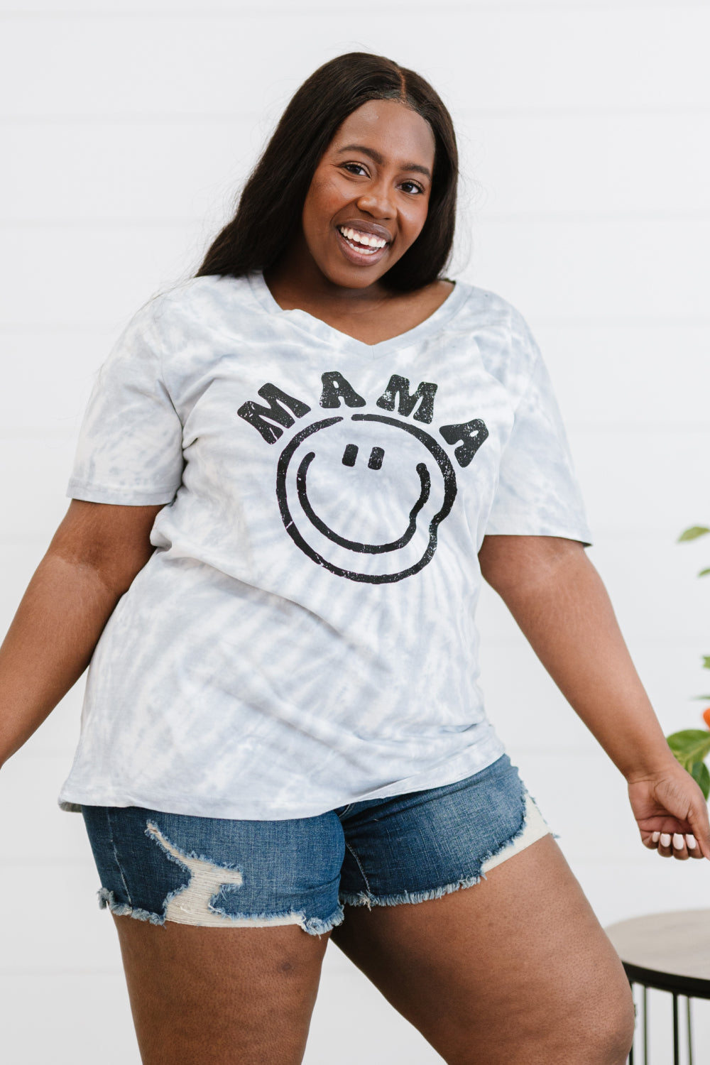 MAMA Smiley Face Graphic Tie-Dye Tee Shirt Gray 1X 