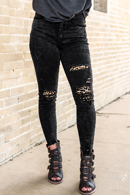 Tap Into Your Wild Leopard Patched Skinny Jeans Black S 