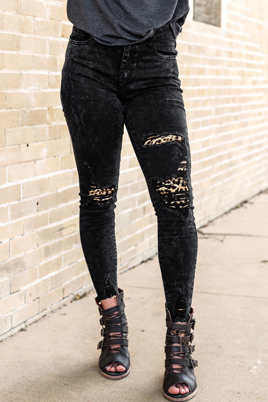 Tap Into Your Wild Leopard Patched Skinny Jeans Black S