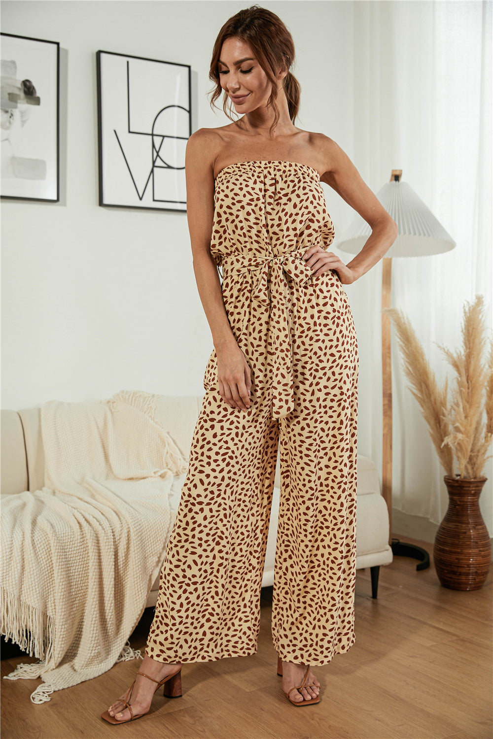 Printed Strapless Wide Leg Jumpsuit Tan S 