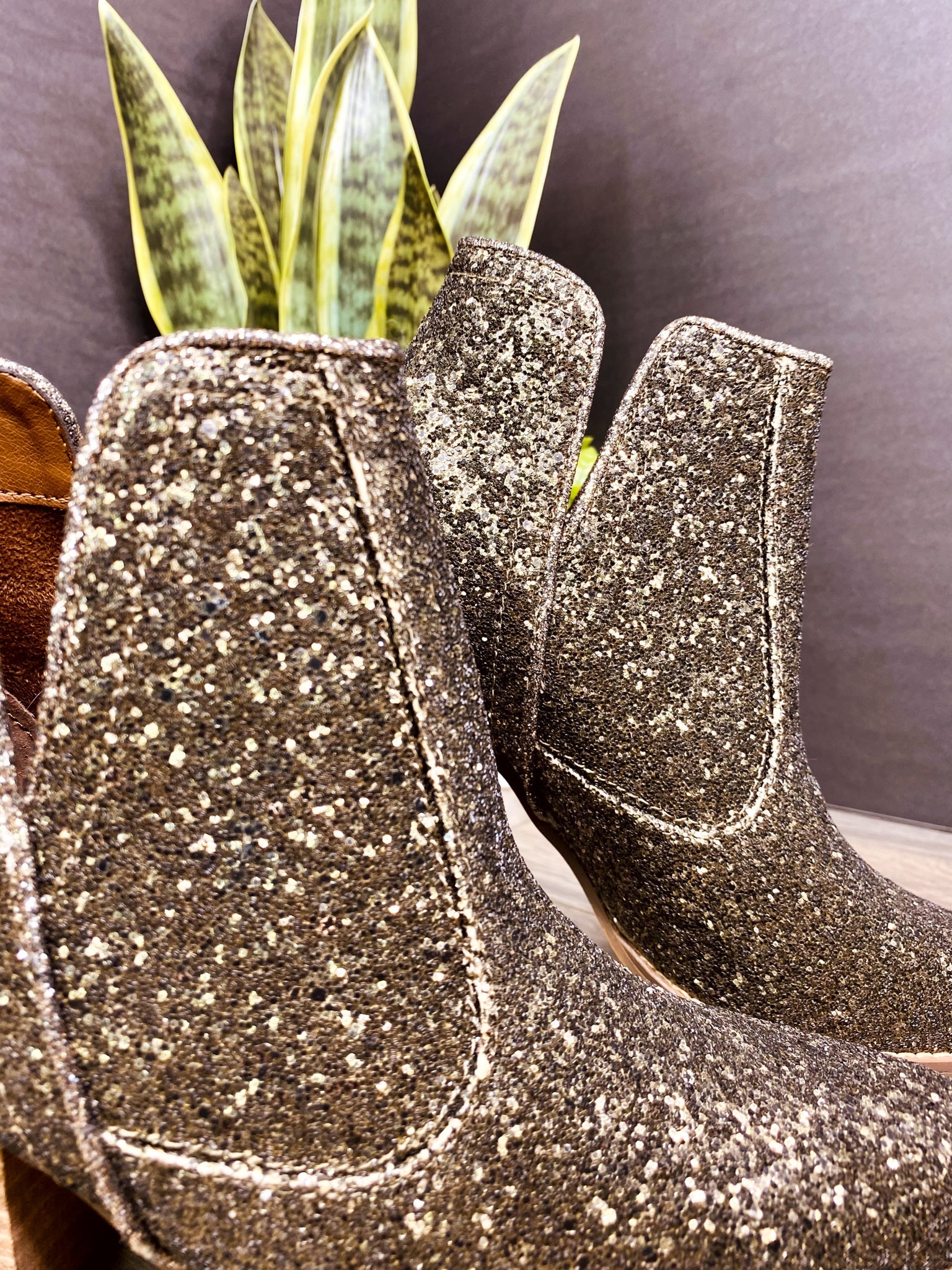 Anastasia Glitter Ankle Booties in Bronze   