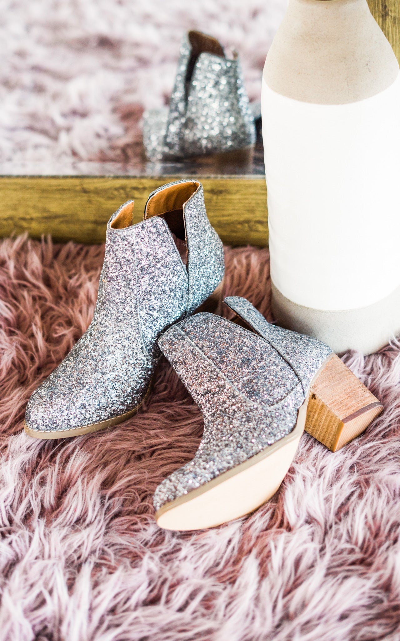 Anastasia Glitter Ankle Booties in Silver 6.0  