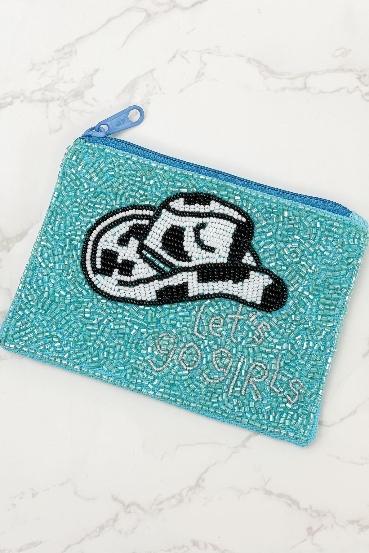"Lets go Girls" Rodeo Hat Beaded Zip Pouch in Blue Blue  