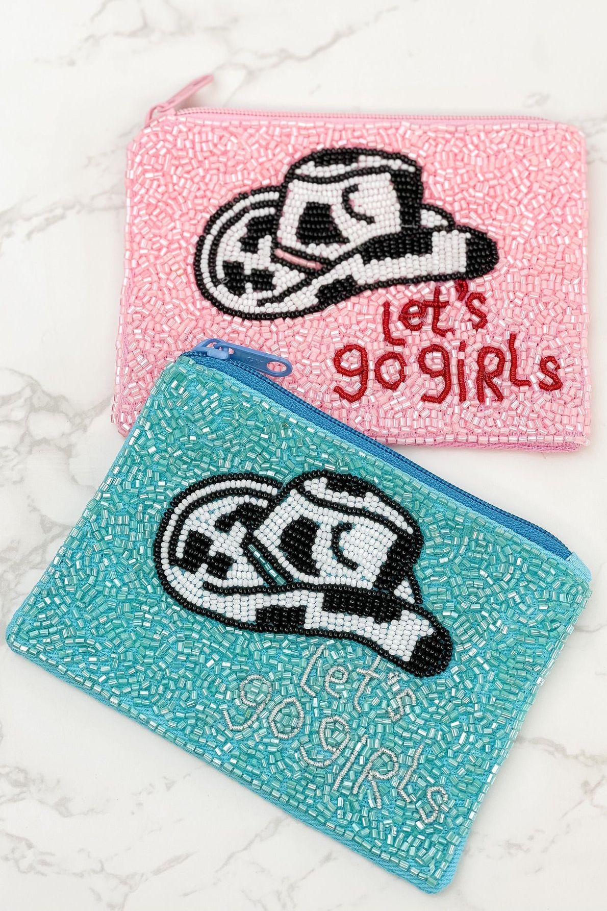 "Lets go Girls" Rodeo Hat Beaded Zip Pouch in Blue   